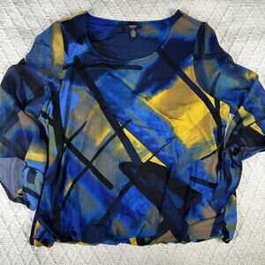 Alfani Woman 2X Sheer Sleeve Abstract Print Blouse Blue Yellow Black